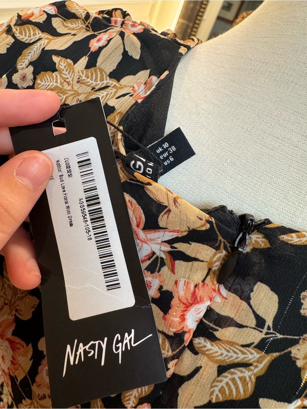 Nasty Gal Black Floral V-Neck Long Sleeve Mini Dress - Picture 4 of 4